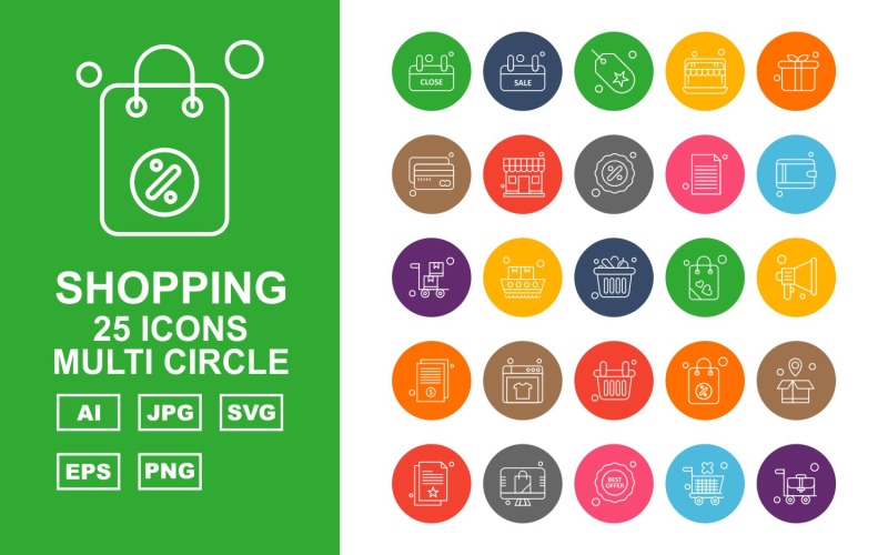Download Набор иконок "25 Premium Shopping Multi Circle Pack Icon Set" / 25 Premium Shopping Multi Circle Pack Icon Set - Набор иконок на тему shopping label,ship,bag,box,document,best offer,trolley,shop,gift,credit card,percentage,wallet,cart,basketicon,icons