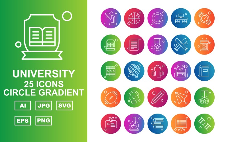 Download Набор иконок "25 Premium University Circle Gradient Icon Set" / 25 Premium University Circle Gradient Icon Set - Набор иконок на тему sports towel,globle,email,award,id card,test tube,book,board,dna,ball,swimming tube,office,hand watch,document,sport,rugby,icon,icons