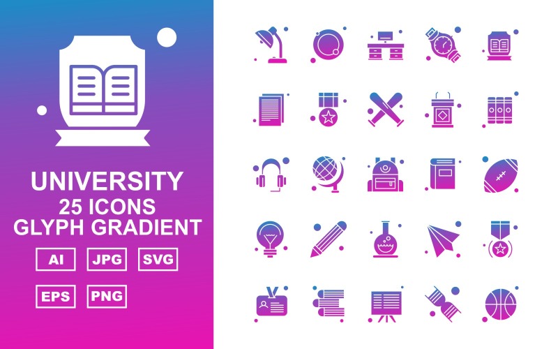 Download Набор иконок "25 Premium University Glyph Gradient Icon Set" / 25 Premium University Glyph Gradient Icon Set - Набор иконок на тему sports towel,globle,email,award,id card,test tube,book,board,dna,ball,swimming tube,office,hand watch,document,sport,rugby,icon,icons