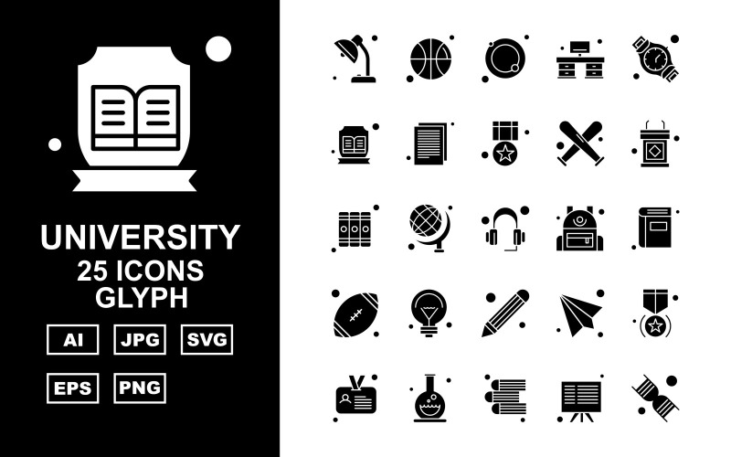 Download Набор иконок "25 Premium University Glyph Icon Set" / 25 Premium University Glyph Icon Set - Набор иконок на тему sports towel,globle,email,award,id card,test tube,book,board,dna,ball,swimming tube,office,hand watch,document,sport,rugby,icon,icons