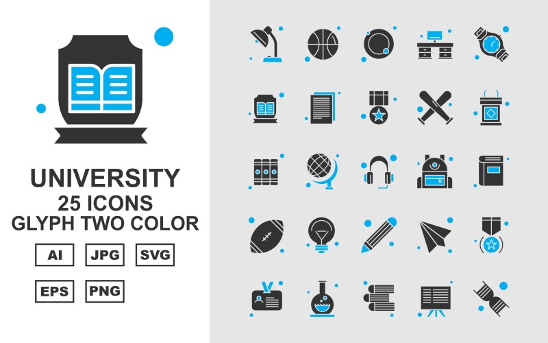 Download Набор иконок "25 Premium University Glyph Two Color Icon Set" / 25 Premium University Glyph Two Color Icon Set - Набор иконок на тему sports towel,globle,email,award,id card,test tube,book,board,dna,ball,swimming tube,office,hand watch,document,sport,rugby,icon,icons