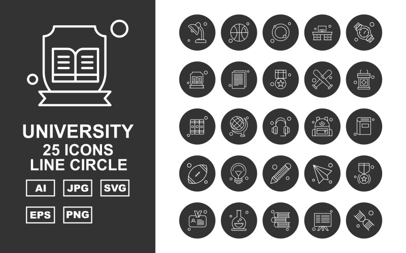 Download Набор иконок "25 Premium University Line Circle Icon Set" / 25 Premium University Line Circle Icon Set - Набор иконок на тему sports towel,globle,email,award,id card,test tube,book,board,dna,ball,swimming tube,office,hand watch,document,sport,rugby,icon,icons