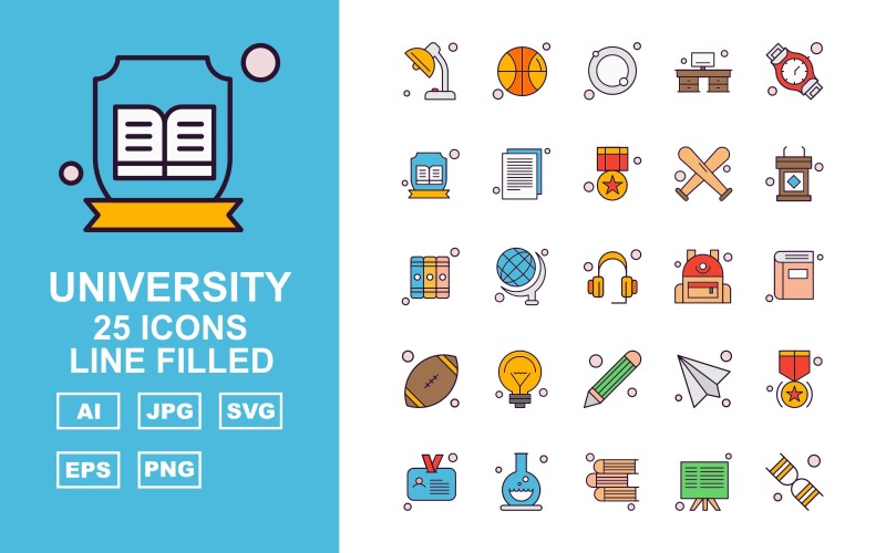 Download Набор иконок "25 Premium University Line Filled Icon Set" / 25 Premium University Line Filled Icon Set - Набор иконок на тему sports towel,globle,email,award,id card,test tube,book,board,dna,ball,swimming tube,office,hand watch,document,sport,rugby,icon,icons