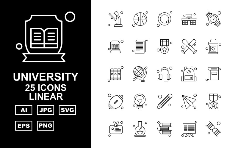 Download Набор иконок "25 Premium University Linear Icon Set" / 25 Premium University Linear Icon Set - Набор иконок на тему sports towel,globle,email,award,id card,test tube,book,board,dna,ball,swimming tube,office,hand watch,document,sport,rugby,icon,icons