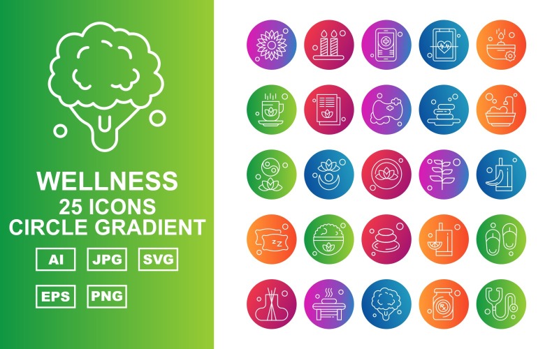 Download Набор иконок "25 Premium Wellness Circle Gradient Icon Set" / 25 Premium Wellness Circle Gradient Icon Set - Набор иконок на тему nature flower,plant,juice,slippers,incense,bathroom,broccoli,bottle,stethoscope,candle,mobile,heart,soap,cup,document,leaf,icon,icons