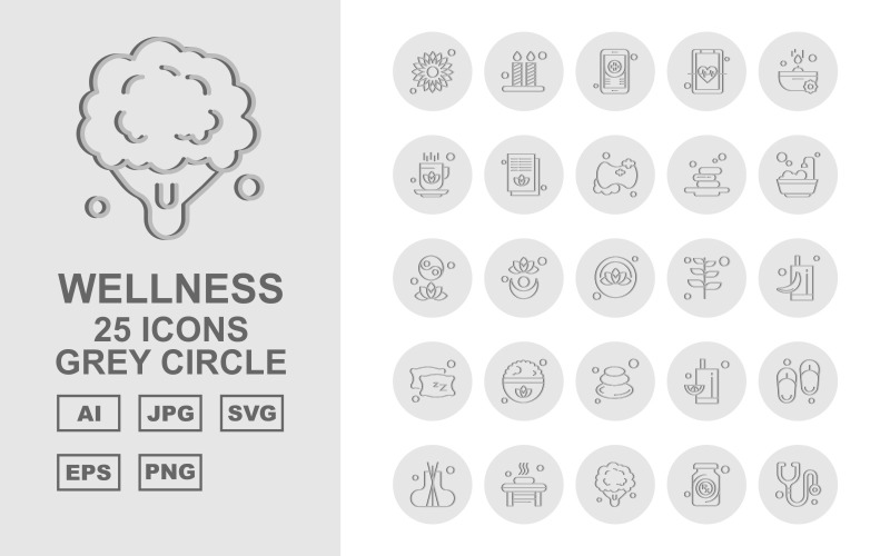 Download Набор иконок "25 Premium Wellness Grey Circle Icon Set" / 25 Premium Wellness Grey Circle Icon Set - Набор иконок на тему nature flower,plant,juice,slippers,incense,bathroom,broccoli,bottle,stethoscope,candle,mobile,heart,soap,cup,document,leaf,icon,icons
