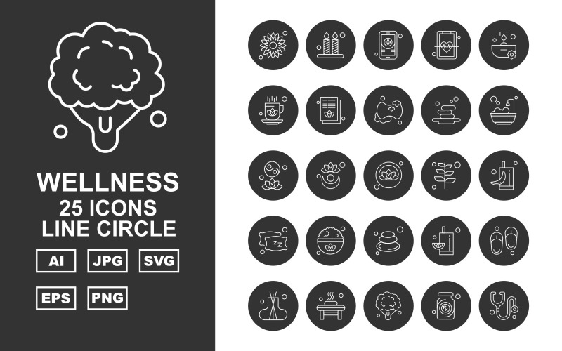 Download Набор иконок "25 Premium Wellness Line Circle Icon Set" / 25 Premium Wellness Line Circle Icon Set - Набор иконок на тему nature flower,plant,juice,slippers,incense,bathroom,broccoli,bottle,stethoscope,candle,mobile,heart,soap,cup,document,leaf,icon,icons