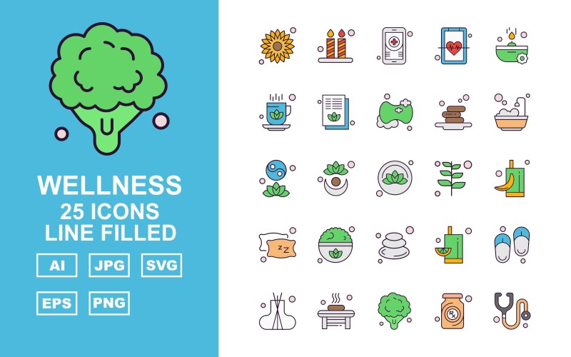 Download Набор иконок "25 Premium Wellness Line Filled Icon Set" / 25 Premium Wellness Line Filled Icon Set - Набор иконок на тему nature flower,plant,juice,slippers,incense,bathroom,broccoli,bottle,stethoscope,candle,mobile,heart,soap,cup,document,leaf,icon,icons
