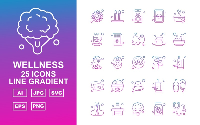 Download Набор иконок "25 Premium Wellness Line Gradient Icon Set" / 25 Premium Wellness Line Gradient Icon Set - Набор иконок на тему nature flower,plant,juice,slippers,incense,bathroom,broccoli,bottle,stethoscope,candle,mobile,heart,soap,cup,document,leaf,icon,icons