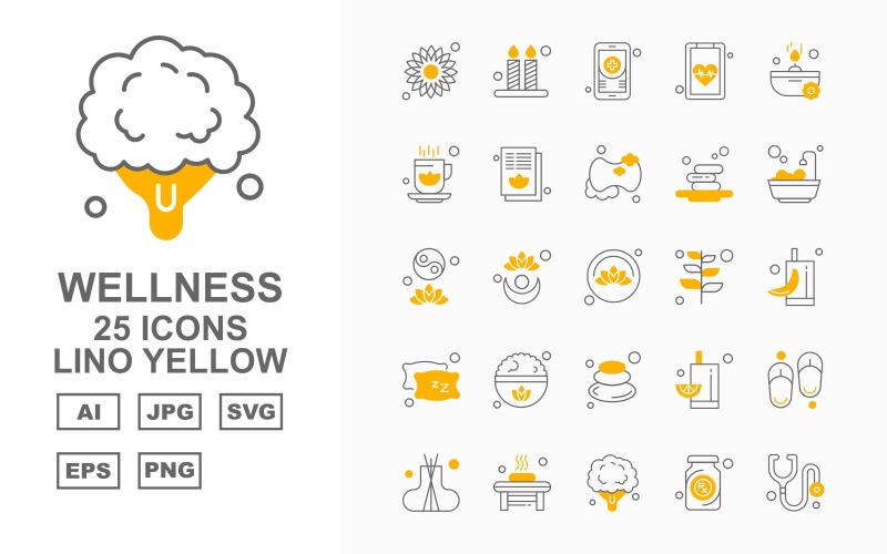 Download Набор иконок "25 Premium Wellness Lino Yellow Icon Set" / 25 Premium Wellness Lino Yellow Icon Set - Набор иконок на тему nature flower,plant,juice,slippers,incense,bathroom,broccoli,bottle,stethoscope,candle,mobile,heart,soap,cup,document,leaf,icon,icons