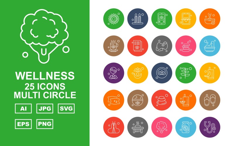Download Набор иконок "25 Premium Wellness Multi Circle Icon Set" / 25 Premium Wellness Multi Circle Icon Set - Набор иконок на тему nature flower,plant,juice,slippers,incense,bathroom,broccoli,bottle,stethoscope,candle,mobile,heart,soap,cup,document,leaf,icon,icons