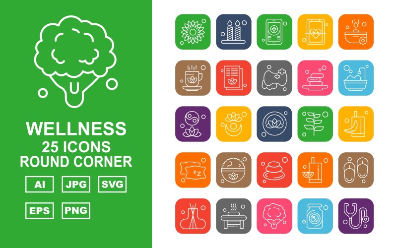 Download Набор иконок "25 Premium Wellness Round Corner Icon Set" / 25 Premium Wellness Round Corner Icon Set - Набор иконок на тему nature flower,plant,juice,slippers,incense,bathroom,broccoli,bottle,stethoscope,candle,mobile,heart,soap,cup,document,leaf,icon,icons