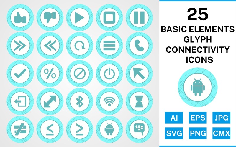 Download Набор иконок "25 Basic Elements Glyph Connectivity Icon Set" / 25 Basic Elements Glyph Connectivity Icon Set - Набор иконок на тему data set,file,icon,icons,glyph,vector,sign,symbol,pictogram,connectivity,basic elements,play,stop,tick,like,cursor,android,blackberry,menu