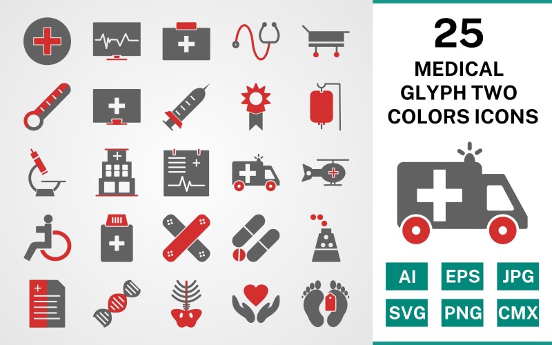 Conjunto de ícones de 25 cores de glifo médico