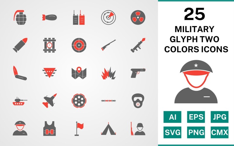 25 Conjunto de ícones de glifo militar de duas cores