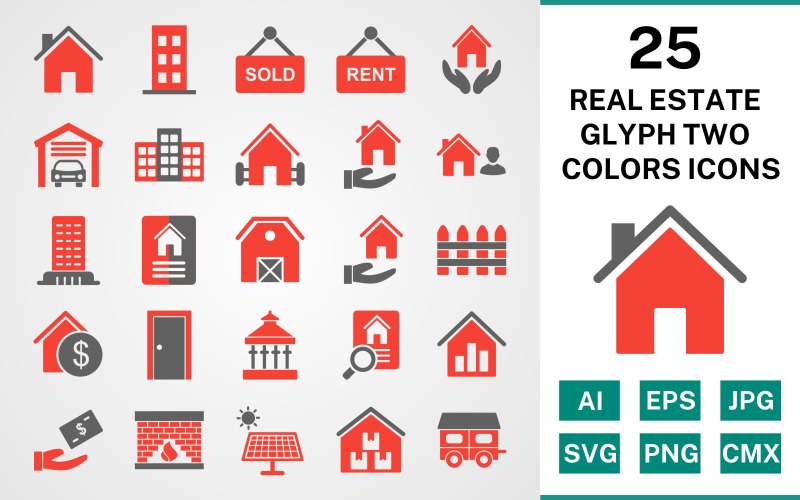 Conjunto de iconos de dos colores de glifo de bienes raíces 25