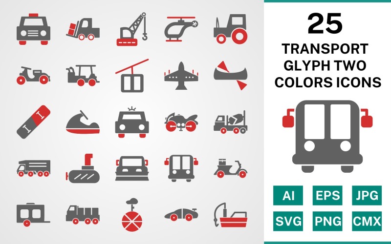 Conjunto de iconos de dos colores de glifo de transporte 25