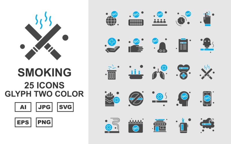 Conjunto de iconos de dos colores de glifos de fumar premium