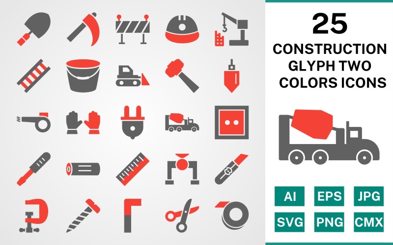 Download Набор иконок "25 Construction Glyph Two Colors Icon Set" / 25 Construction Glyph Two Colors Icon Set - Набор иконок на тему industrial set,file,icon,icons,glyph,vector,sign,symbol,pictogram,two colors,construction,trowel,ladder,bucket,vise,ruler,helmet,hammer,bulldozer