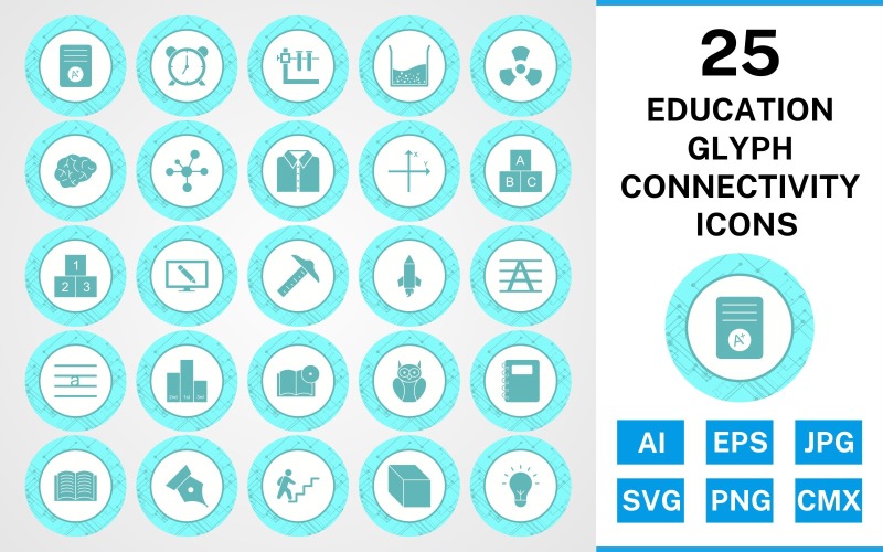 Download Набор иконок "25 Education Glyph Connectivity Icon Set" / 25 Education Glyph Connectivity Icon Set - Набор иконок на тему science set,file,icon,icons,glyph,vector,sign,symbol,pictogram,connectivity,education,brain,cube,book dvd,open book,electron,alarm,notepad,radiation