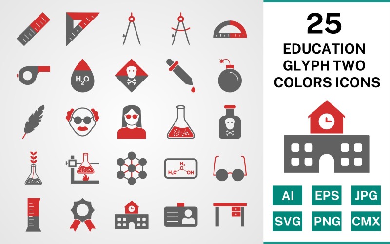 Download Набор иконок "25 Education Glyph Two Colors Icon Set" / 25 Education Glyph Two Colors Icon Set - Набор иконок на тему science set,file,icon,icons,glyph,vector,sign,symbol,pictogram,two colors,education,toxic,scale,school,award,chemicals,beaker,divider,compass