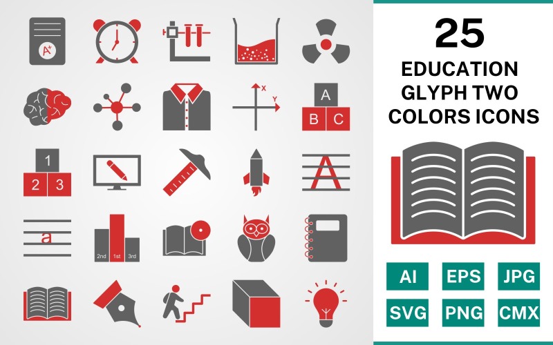 Download Набор иконок "25 Education Glyph Two Colors Icon Set" / 25 Education Glyph Two Colors Icon Set - Набор иконок на тему science set,file,icon,icons,glyph,vector,sign,symbol,pictogram,two colors,education,brain,cube,book dvd,open book,electron,alarm,notepad,radiation