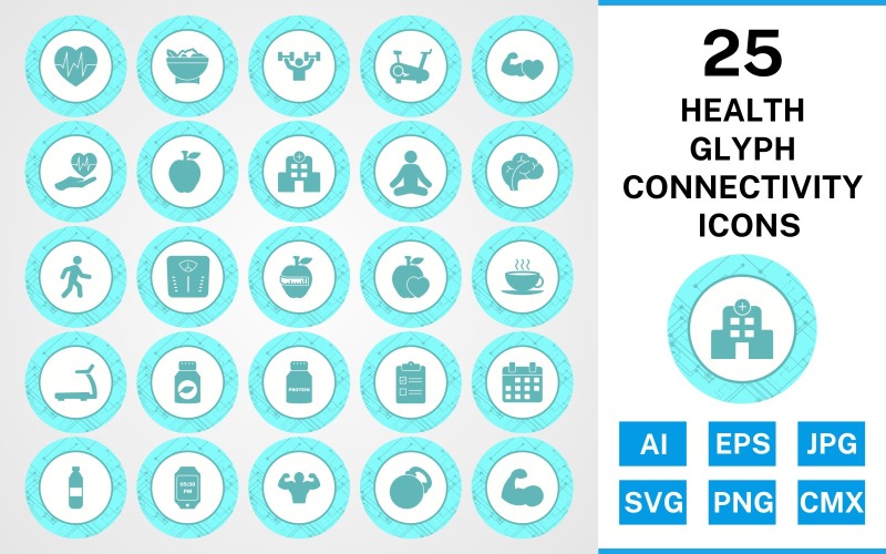 Download Набор иконок "25 Health Glyph Connectivity Icon Set" / 25 Health Glyph Connectivity Icon Set - Набор иконок на тему food set,file,icon,icons,glyph,vector,sign,symbol,pictogram,connectivity,health,yoga,salad,heart beat,walking,body,hospital,apple,healthy food