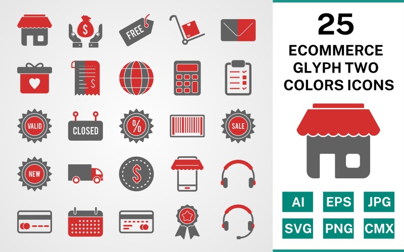25 Ecommerce Glyph Two Colors Icon Set - TemplateMonster