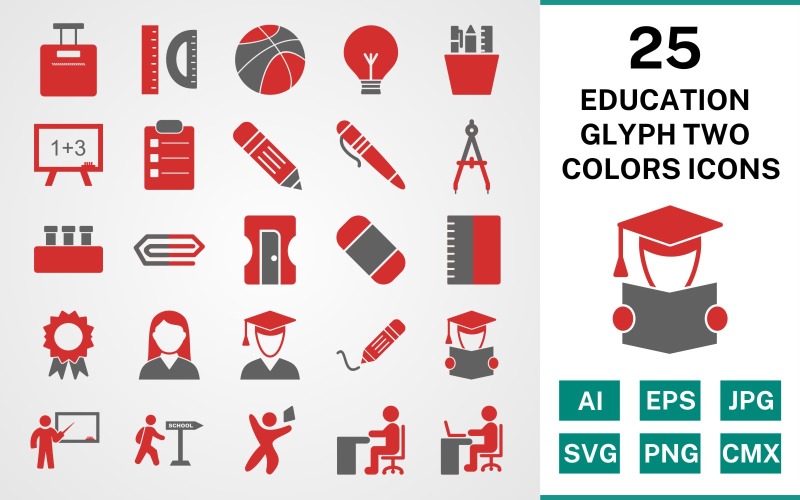 25 Eğitim Glif İki Renk Simge Seti