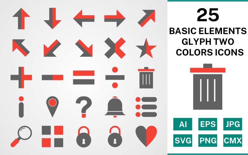25 grundläggande element Glyph två färger Ikonuppsättning
