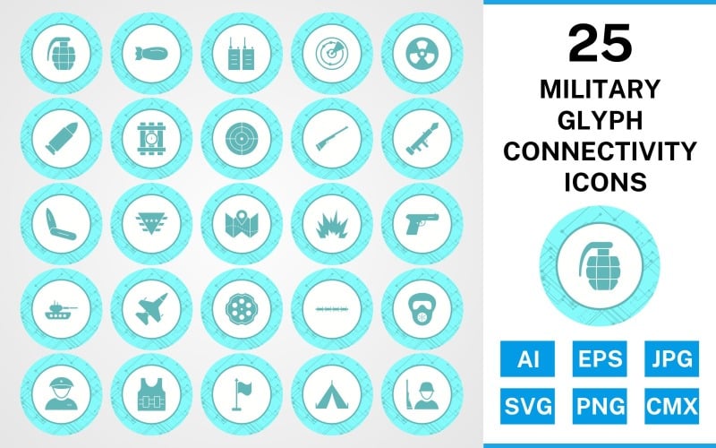 25 Military Glyph Connectivity Ikonuppsättning