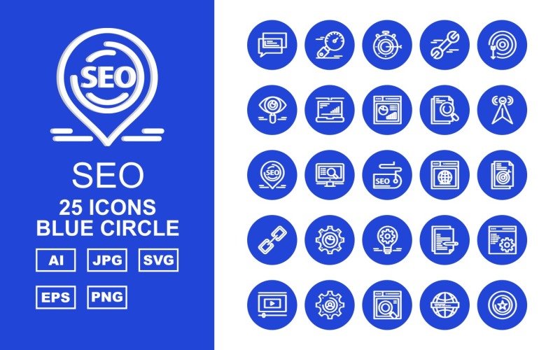 25 Premium SEO III Blue Circle Pack Icon Set