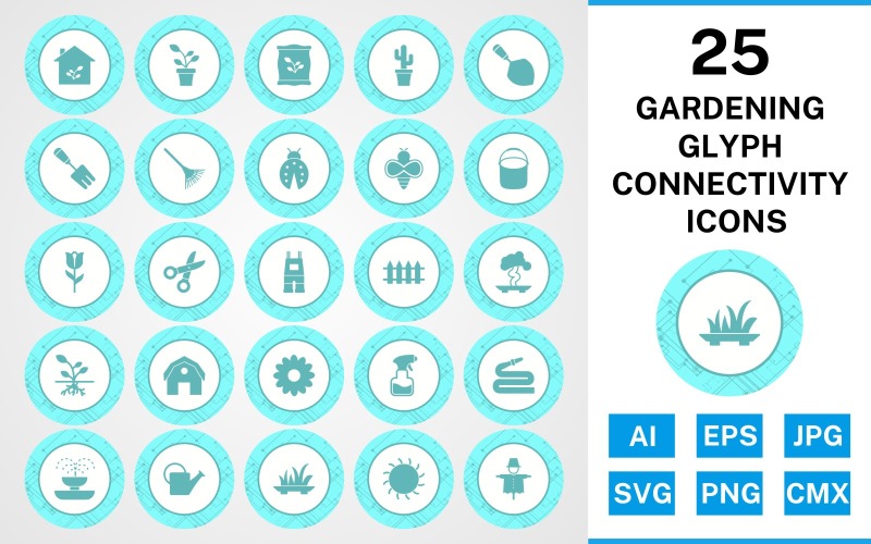 25 Set di icone di connettività glifo da giardinaggio