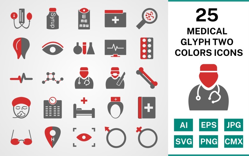 Download Набор иконок "25 Medical Glyph Two Colors Icon Set" / 25 Medical Glyph Two Colors Icon Set - Набор иконок на тему medical set,file,icon,icons,glyph,vector,sign,symbol,pictogram,two colors,medical,doctor,nurse,bed,scan,eye test,bp apparatus,bone,tablets,test tubes