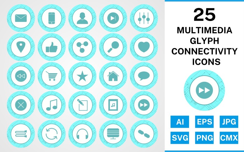 Download Набор иконок "25 Multimedia Glyph Connectivity Icon Set" / 25 Multimedia Glyph Connectivity Icon Set - Набор иконок на тему data set,file,icon,icons,glyph,vector,sign,symbol,pictogram,connectivity,multimedia,next,avatar,heart,back,link,monitor,like,envelope