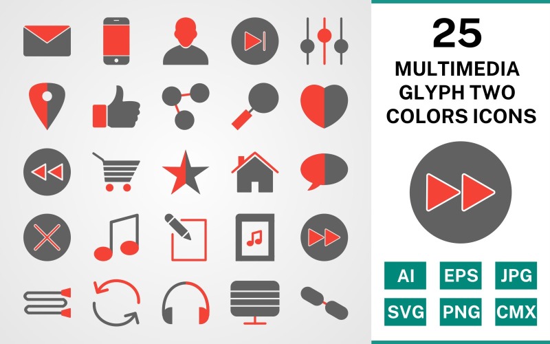 Download Набор иконок "25 Multimedia Glyph Two Colors Icon Set" / 25 Multimedia Glyph Two Colors Icon Set - Набор иконок на тему data set,file,icon,icons,glyph,vector,sign,symbol,pictogram,two colors,multimedia,next,avatar,heart,back,link,monitor,like,envelope