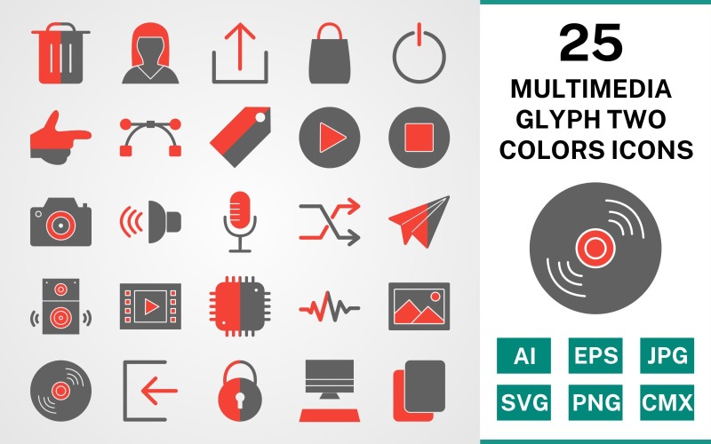 Download Набор иконок "25 Multimedia Glyph Two Colors Icon Set" / 25 Multimedia Glyph Two Colors Icon Set - Набор иконок на тему data set,file,icon,icons,glyph,vector,sign,symbol,pictogram,two colors,multimedia,logout,copy,shuffle,play,stop,upload,speaker,sign in