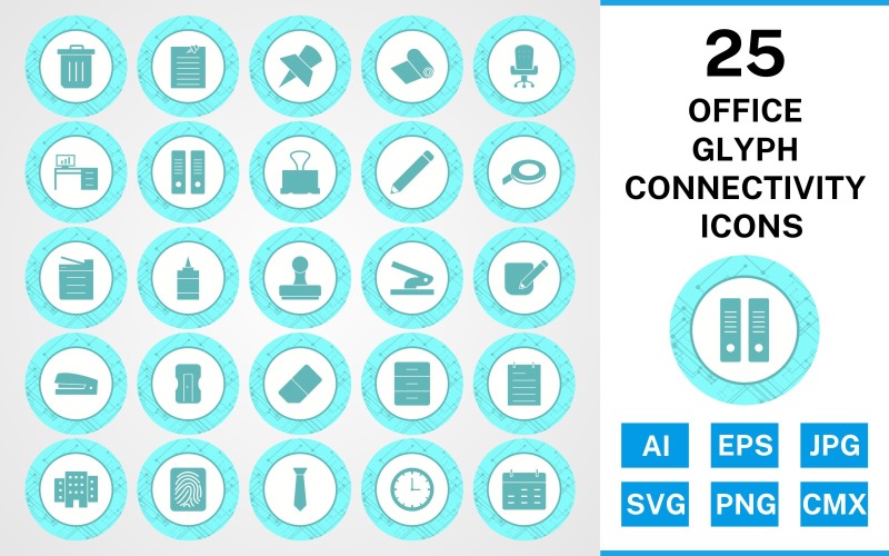 Download Набор иконок "25 Office Glyph Connectivity Icon Set" / 25 Office Glyph Connectivity Icon Set - Набор иконок на тему business set,file,icon,icons,glyph,vector,sign,symbol,pictogram,connectivity,office,notepad,clock,tie,stamp,office chair,office table,post it,trash