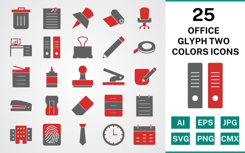 Download Набор иконок "25 Office Glyph Two Colors Icon Set" / 25 Office Glyph Two Colors Icon Set - Набор иконок на тему business set,file,icon,icons,glyph,vector,sign,symbol,pictogram,two colors,office,notepad,clock,tie,stamp,office chair,office table,post it,trash