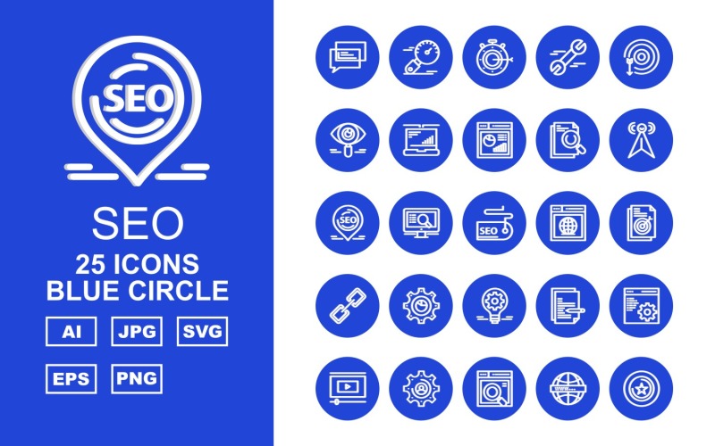 Download Набор иконок "25 Premium SEO III Blue Circle Pack Icon Set" / 25 Premium SEO III Blue Circle Pack Icon Set - Набор иконок на тему business chat,lcd,document,website,video player,setting,world,star,marketing,stopwatch,target,eye,laptop,chart,icon,bulb,pie,link