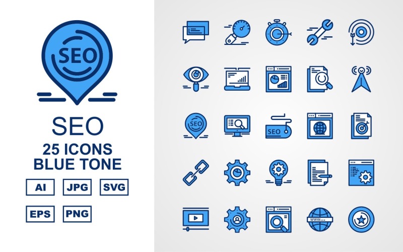 Download Набор иконок "25 Premium SEO III Blue Tone Pack Icon Set" / 25 Premium SEO III Blue Tone Pack Icon Set - Набор иконок на тему business chat,lcd,document,website,video player,setting,world,star,marketing,stopwatch,target,eye,laptop,chart,icon,bulb,pie,link