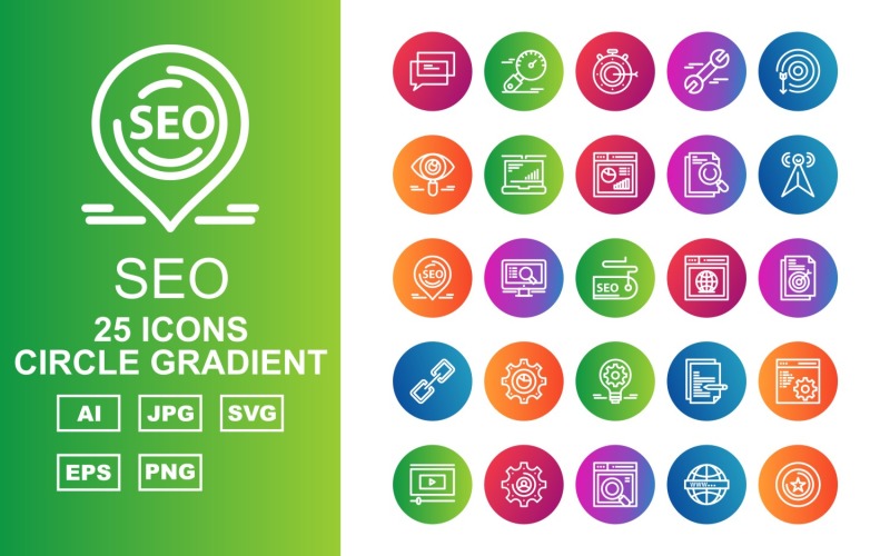 Download Набор иконок "25 Premium SEO III Circle Gradient Pack Icon Set" / 25 Premium SEO III Circle Gradient Pack Icon Set - Набор иконок на тему business chat,lcd,document,website,video player,setting,world,star,marketing,stopwatch,target,eye,laptop,chart,icon,bulb,pie,link