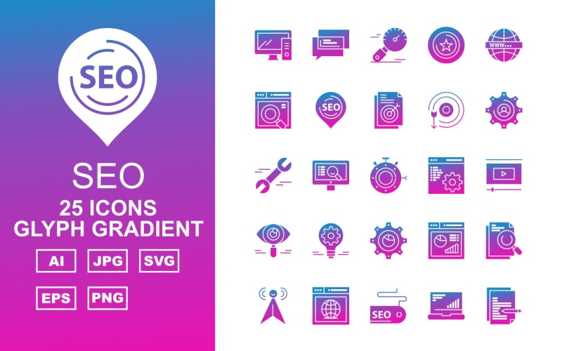Download Набор иконок "25 Premium SEO III Glyph Gradient Pack Icon Set" / 25 Premium SEO III Glyph Gradient Pack Icon Set - Набор иконок на тему business chat,lcd,document,website,video player,setting,world,star,marketing,stopwatch,target,eye,laptop,chart,icon,bulb,pie,link