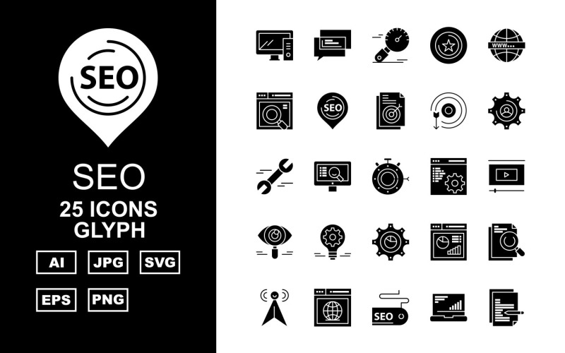Download Набор иконок "25 Premium SEO III Glyph Pack Icon Set" / 25 Premium SEO III Glyph Pack Icon Set - Набор иконок на тему business chat,lcd,document,website,video player,setting,world,star,marketing,stopwatch,target,eye,laptop,chart,icon,bulb,pie,link