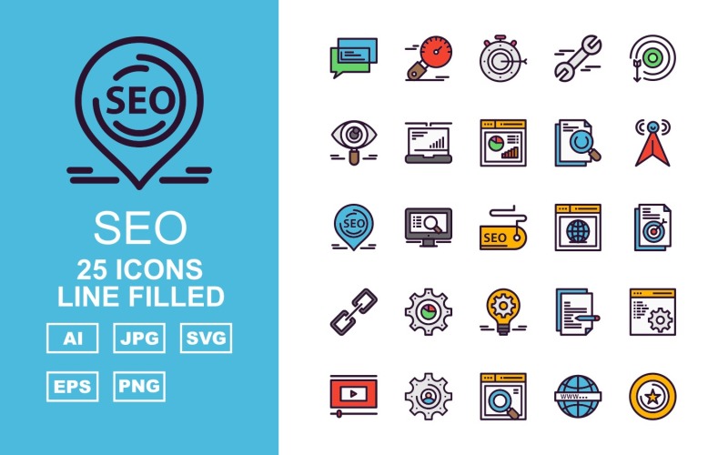 Download Набор иконок "25 Premium SEO III Line Filled Pack Icon Set" / 25 Premium SEO III Line Filled Pack Icon Set - Набор иконок на тему business chat,lcd,document,website,video player,setting,world,star,marketing,stopwatch,target,eye,laptop,chart,icon,bulb,pie,link