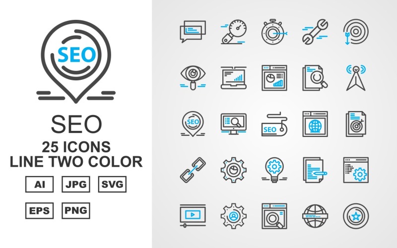 Download Набор иконок "25 Premium SEO III Line Two Color Pack Icon Set" / 25 Premium SEO III Line Two Color Pack Icon Set - Набор иконок на тему business chat,lcd,document,website,video player,setting,world,star,marketing,stopwatch,target,eye,laptop,chart,icon,bulb,pie,link