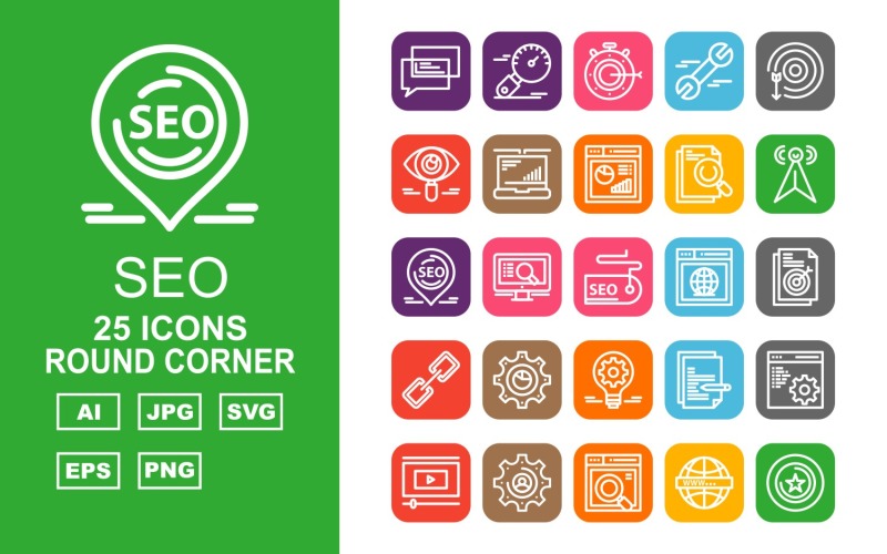 Download Набор иконок "25 Premium SEO III Round Corner Pack Icon Set" / 25 Premium SEO III Round Corner Pack Icon Set - Набор иконок на тему business chat,lcd,document,website,video player,setting,world,star,marketing,stopwatch,target,eye,laptop,chart,icon,bulb,pie,link