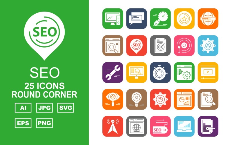 Download Набор иконок "25 Premium SEO III Round Corner Pack Icon Set" / 25 Premium SEO III Round Corner Pack Icon Set - Набор иконок на тему business chat,lcd,document,website,video player,setting,world,star,marketing,stopwatch,target,eye,laptop,chart,icon,bulb,pie,link