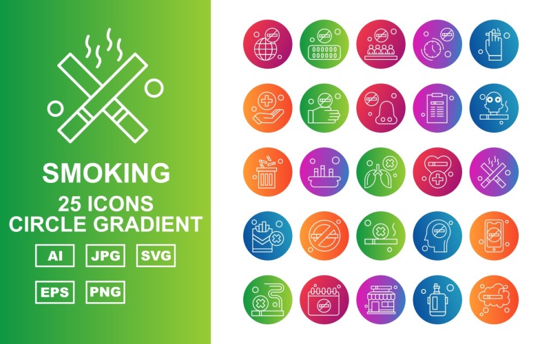 Download Набор иконок "25 Premium Smoking Circle Gradient Icon Set" / 25 Premium Smoking Circle Gradient Icon Set - Набор иконок на тему medical earth,smoking,man,mobile,cigarette,calendar,shop,lighter,tablet,forbidden,clock,hand,nose,document,recycle,cancer,heart,icon,icons