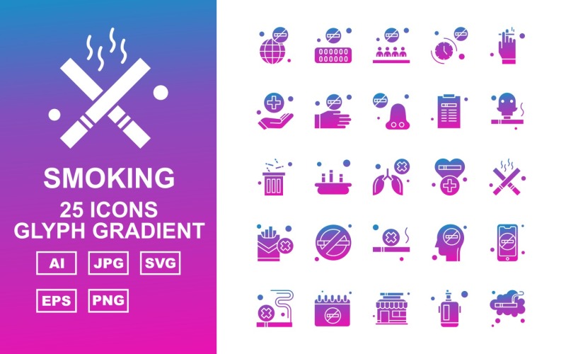 Download Набор иконок "25 Premium Smoking Glyph Gradient Pack Icon Set" / 25 Premium Smoking Glyph Gradient Pack Icon Set - Набор иконок на тему medical earth,smoking,man,mobile,cigarette,calendar,shop,lighter,tablet,forbidden,clock,hand,nose,document,recycle,cancer,heart,icon,icons